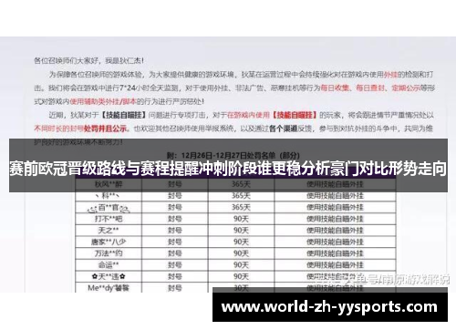 赛前欧冠晋级路线与赛程提醒冲刺阶段谁更稳分析豪门对比形势走向