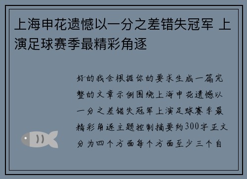上海申花遗憾以一分之差错失冠军 上演足球赛季最精彩角逐